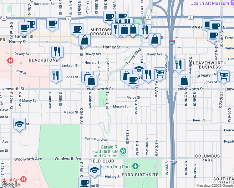 map of restaurants, bars, coffee shops, grocery stores, and more near 811 South 33rd Street in Omaha