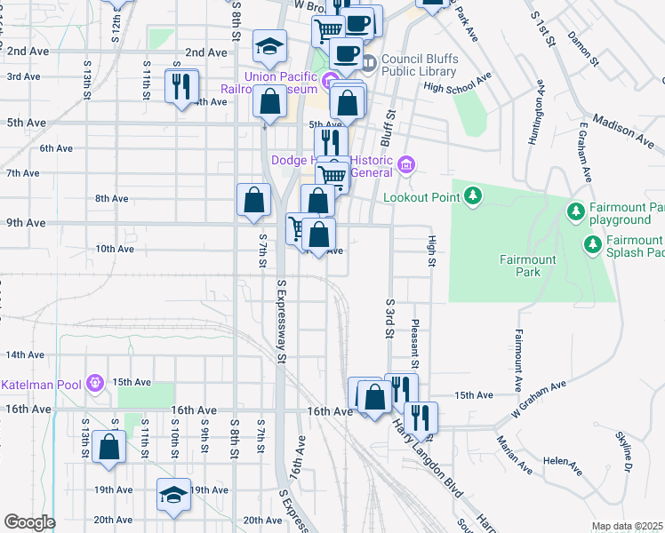 map of restaurants, bars, coffee shops, grocery stores, and more near 1017 South Main Street in Council Bluffs