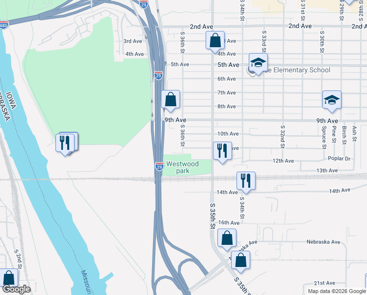 map of restaurants, bars, coffee shops, grocery stores, and more near 3549 11th Avenue in Council Bluffs