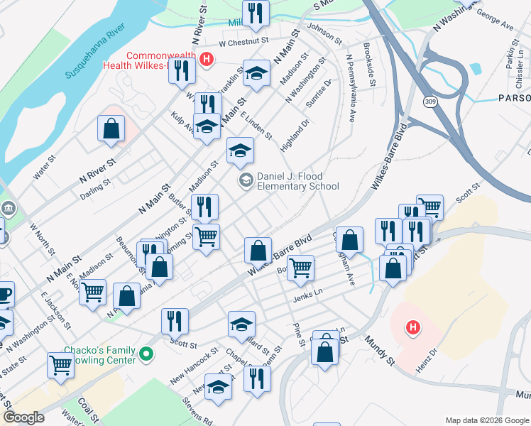 map of restaurants, bars, coffee shops, grocery stores, and more near 509 North Pennsylvania Avenue in Wilkes-Barre