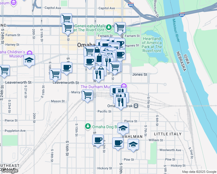 map of restaurants, bars, coffee shops, grocery stores, and more near in Omaha