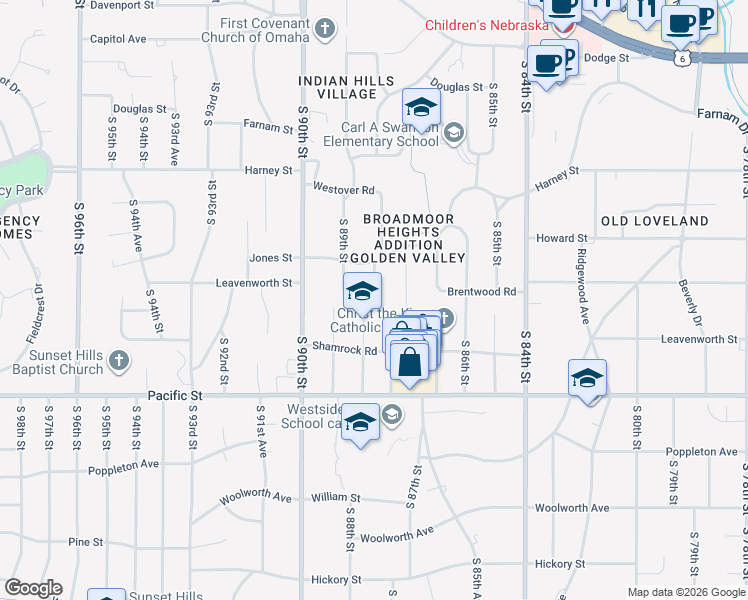 map of restaurants, bars, coffee shops, grocery stores, and more near 8807 Edgevale Place in Omaha