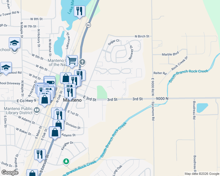 map of restaurants, bars, coffee shops, grocery stores, and more near 383 Lynn Drive in Manteno