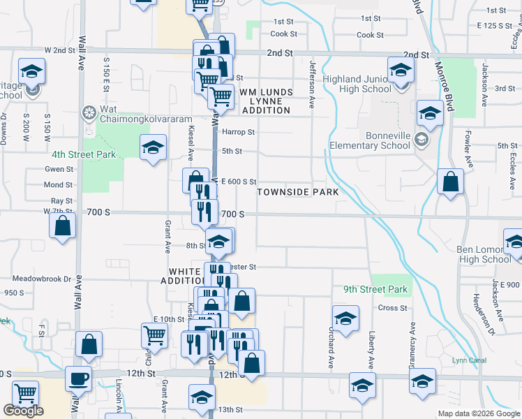 map of restaurants, bars, coffee shops, grocery stores, and more near 477 East 700 South in Ogden