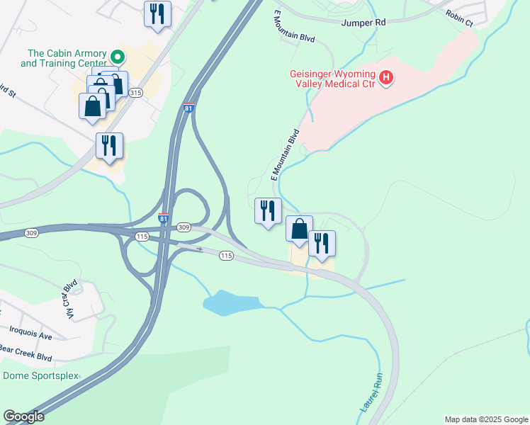 map of restaurants, bars, coffee shops, grocery stores, and more near 600 Wildflower Drive in Wilkes-Barre