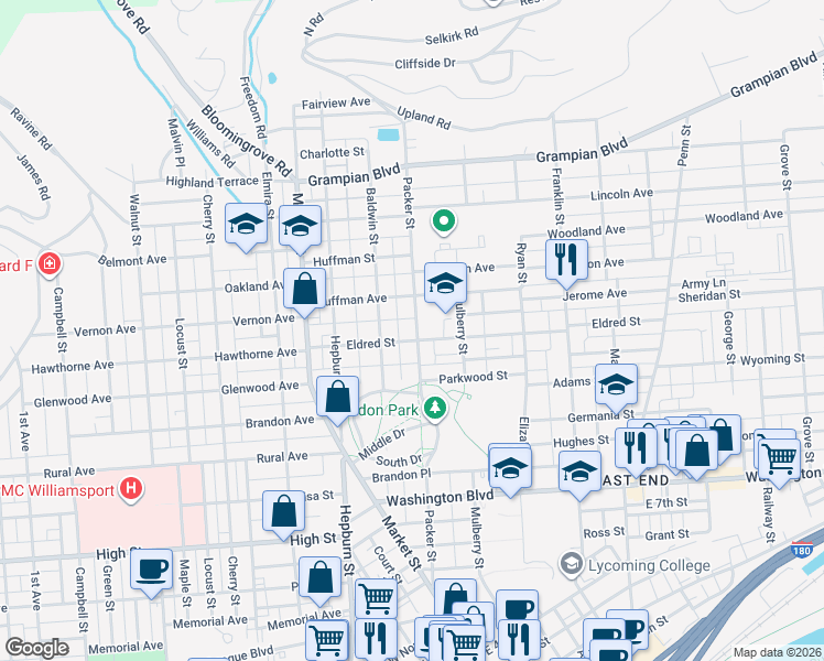 map of restaurants, bars, coffee shops, grocery stores, and more near 70-80 Eldred Street in Williamsport