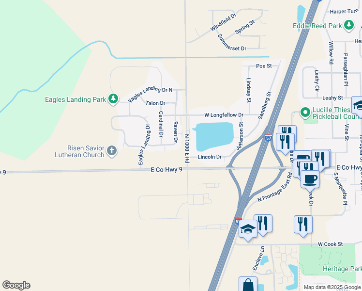 map of restaurants, bars, coffee shops, grocery stores, and more near 220 Raven Drive in Manteno