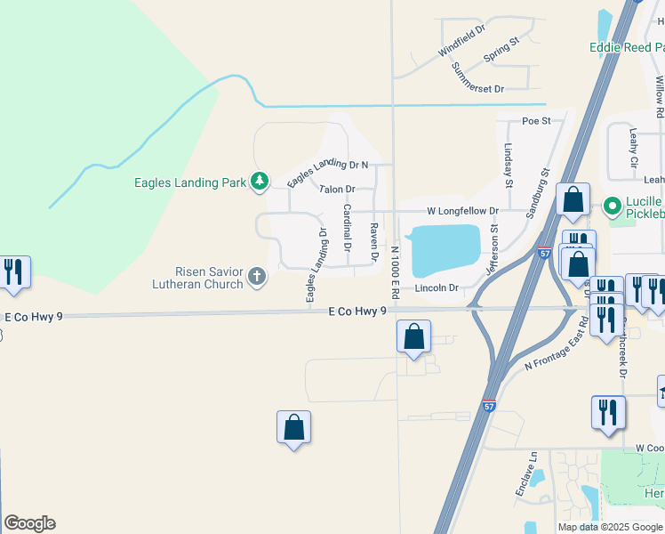 map of restaurants, bars, coffee shops, grocery stores, and more near 1480 Raven Drive in Manteno