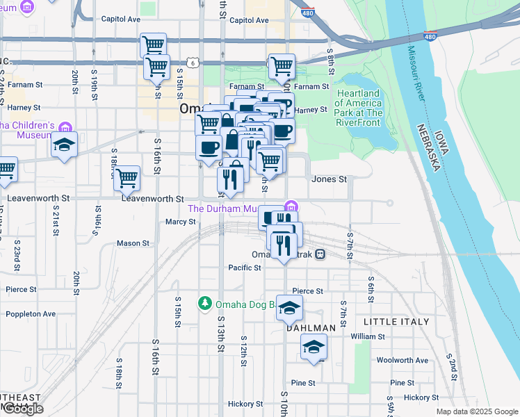 map of restaurants, bars, coffee shops, grocery stores, and more near in Omaha