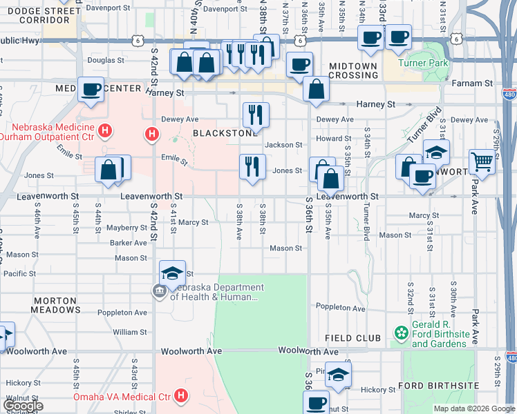 map of restaurants, bars, coffee shops, grocery stores, and more near 3818 Marcy Street in Omaha