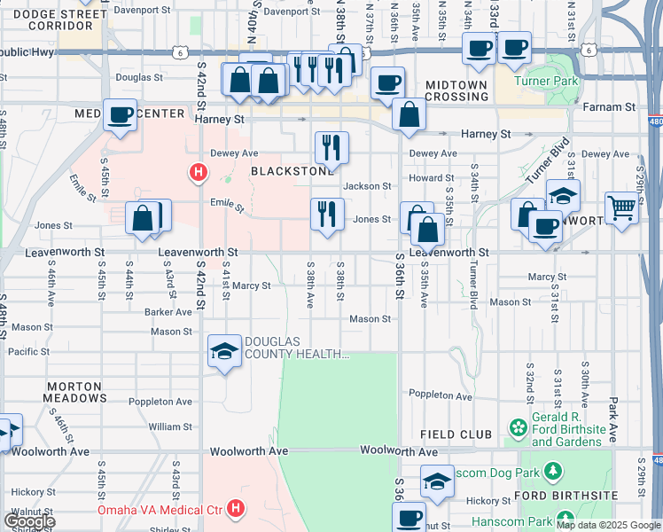 map of restaurants, bars, coffee shops, grocery stores, and more near 3818 Marcy Street in Omaha
