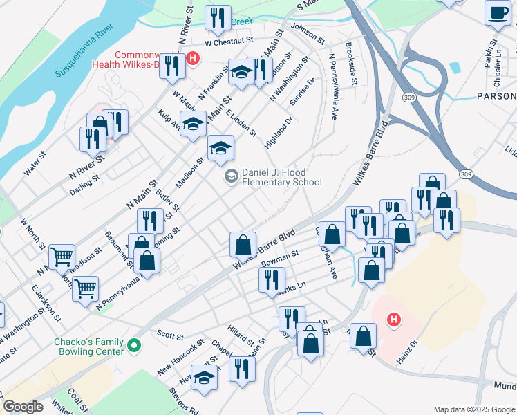 map of restaurants, bars, coffee shops, grocery stores, and more near 27 Harry Street in Wilkes-Barre
