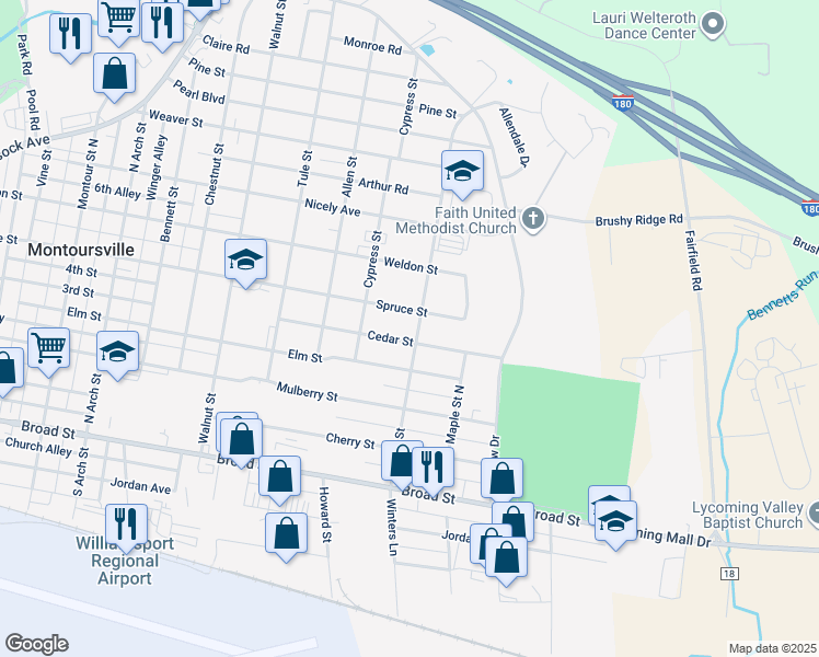 map of restaurants, bars, coffee shops, grocery stores, and more near 1200-1298 Cedar Street in Montoursville