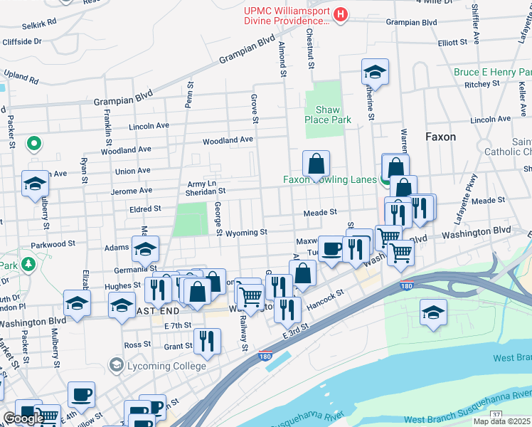 map of restaurants, bars, coffee shops, grocery stores, and more near 801 Meade Street in Williamsport