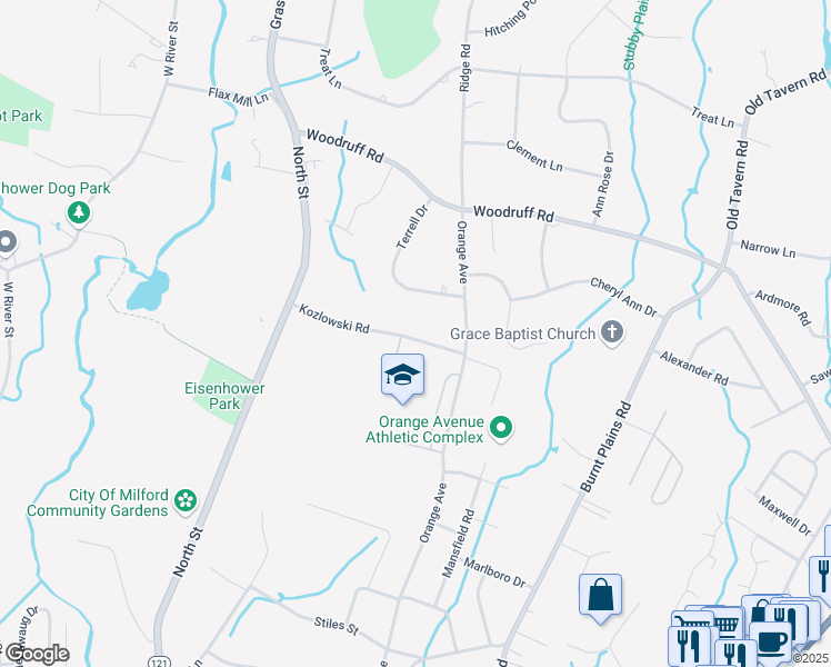 map of restaurants, bars, coffee shops, grocery stores, and more near 600 Orange Avenue in Milford
