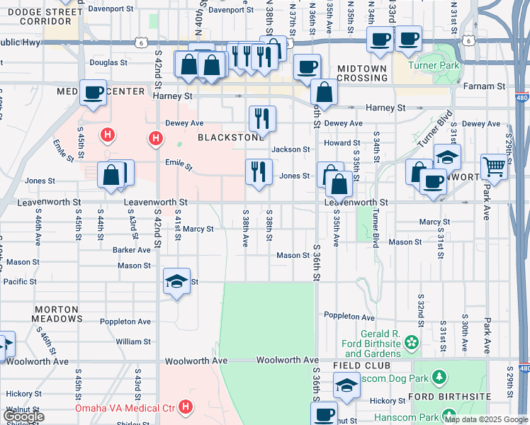 map of restaurants, bars, coffee shops, grocery stores, and more near 814 South 38th Street in Omaha