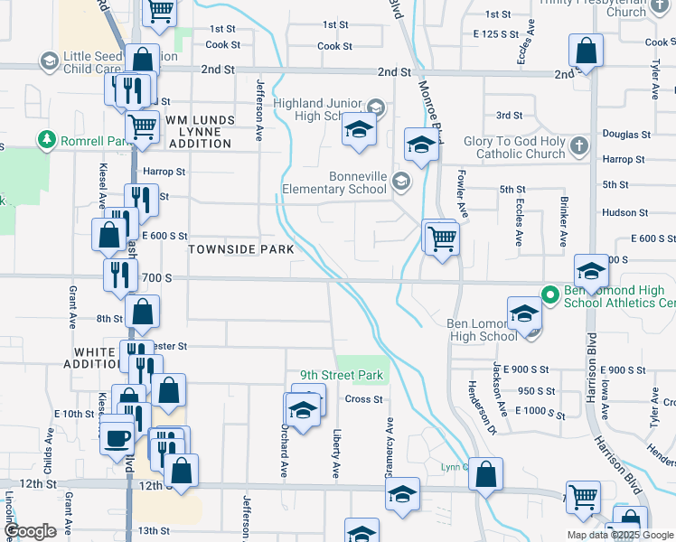 map of restaurants, bars, coffee shops, grocery stores, and more near 621 South Plum Creek Lane East in Ogden