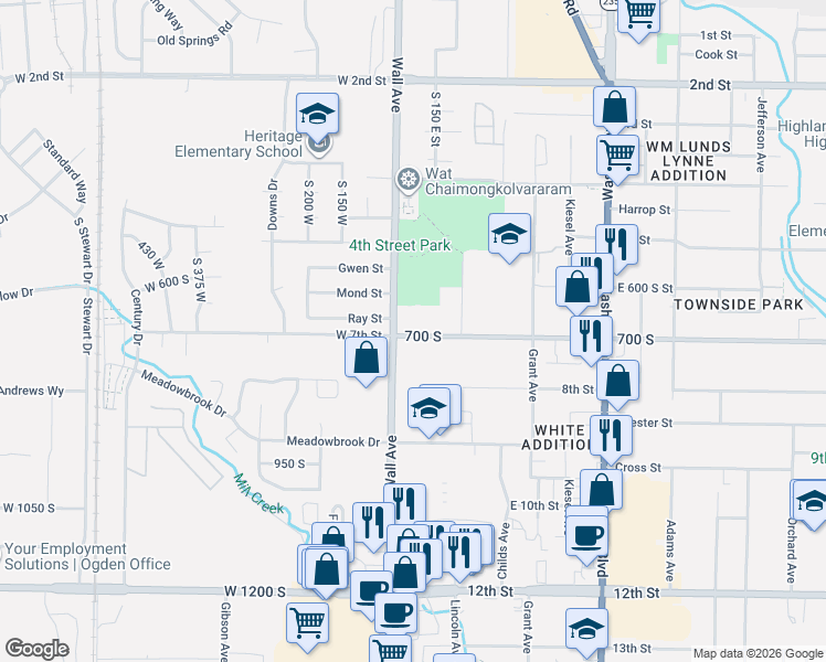 map of restaurants, bars, coffee shops, grocery stores, and more near 128 7th Street in Ogden