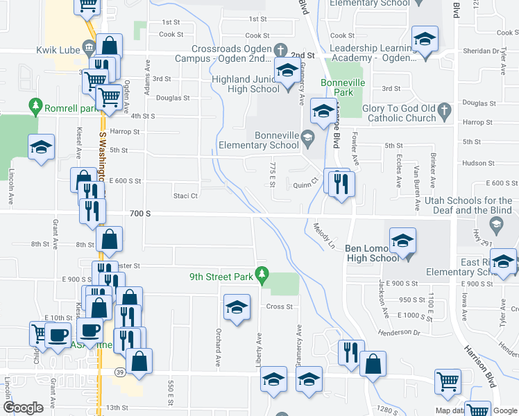 map of restaurants, bars, coffee shops, grocery stores, and more near 645 South Plum Creek Lane in Ogden