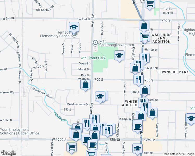 map of restaurants, bars, coffee shops, grocery stores, and more near 128 7th Street in Ogden