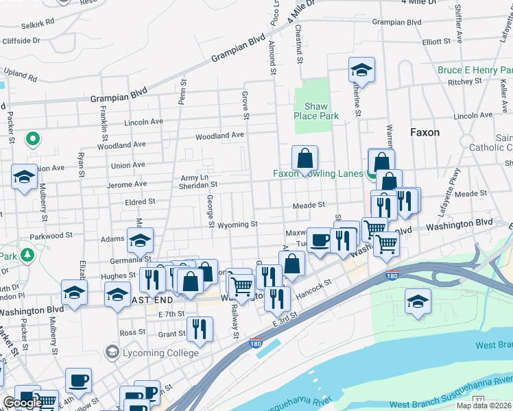 map of restaurants, bars, coffee shops, grocery stores, and more near 801 Meade Street in Williamsport