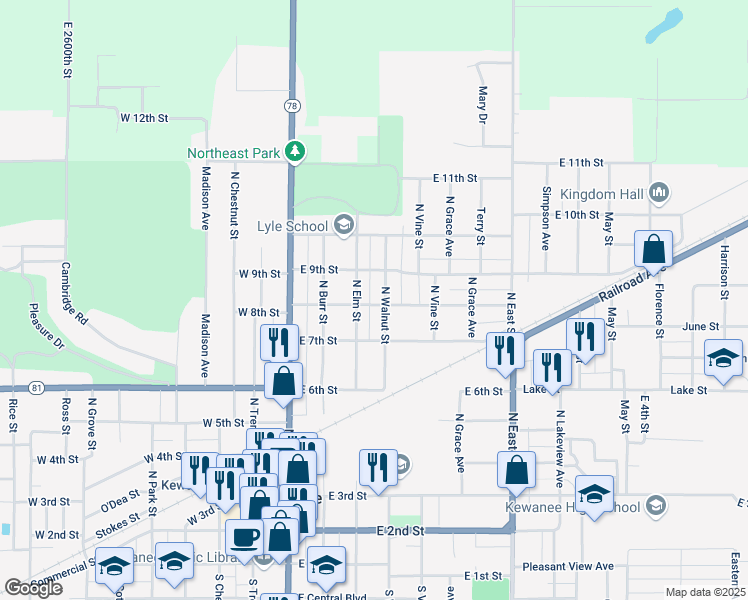 map of restaurants, bars, coffee shops, grocery stores, and more near 726 North Walnut Street in Kewanee