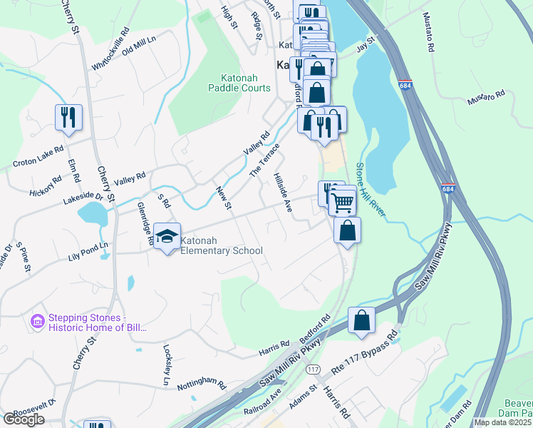 map of restaurants, bars, coffee shops, grocery stores, and more near 15 McQueen Street in Katonah