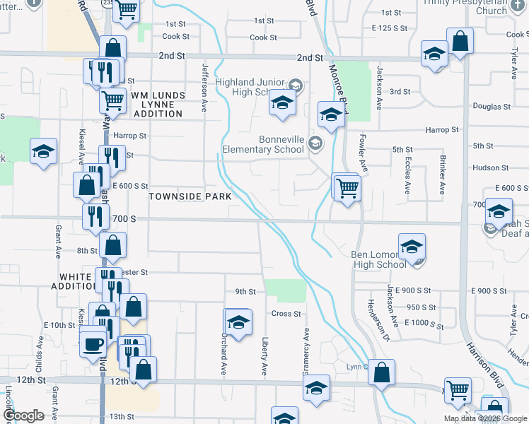 map of restaurants, bars, coffee shops, grocery stores, and more near 615 Plum Creek Lane in Ogden