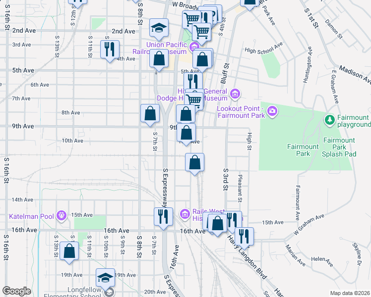 map of restaurants, bars, coffee shops, grocery stores, and more near 1017 South Main Street in Council Bluffs