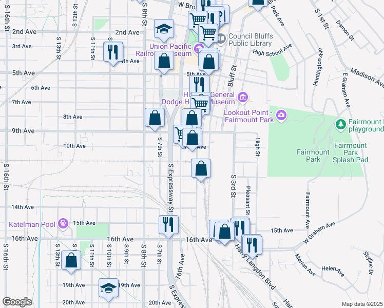 map of restaurants, bars, coffee shops, grocery stores, and more near 1017 South Main Street in Council Bluffs