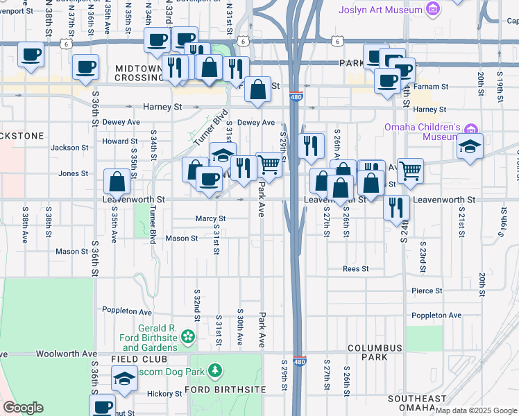 map of restaurants, bars, coffee shops, grocery stores, and more near 826 Park Avenue in Omaha