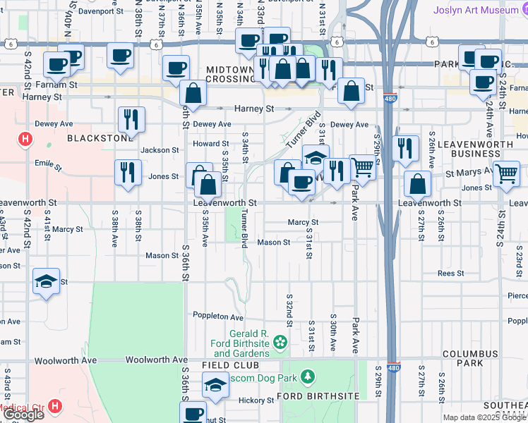 map of restaurants, bars, coffee shops, grocery stores, and more near 3216 Marcy Street in Omaha