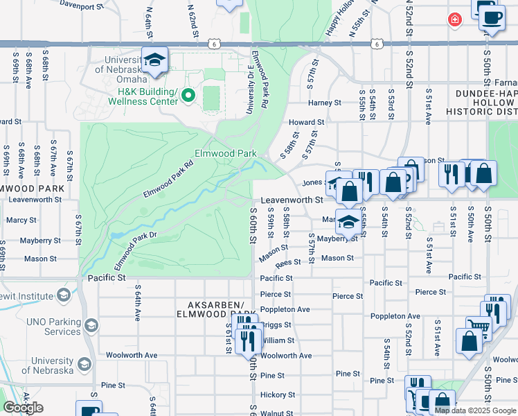 map of restaurants, bars, coffee shops, grocery stores, and more near 823 South 60th Street in Omaha
