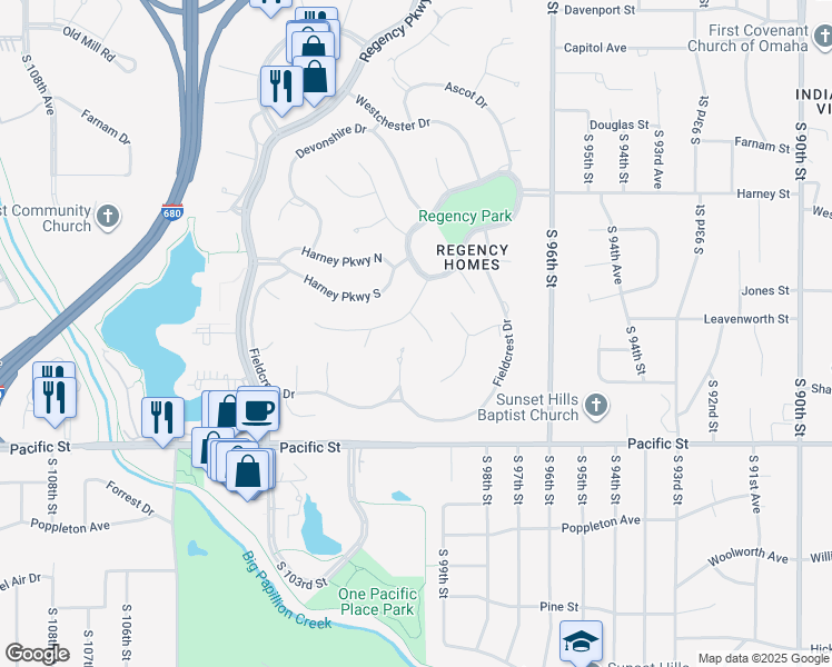 map of restaurants, bars, coffee shops, grocery stores, and more near 9816 Fieldcrest Drive in Omaha