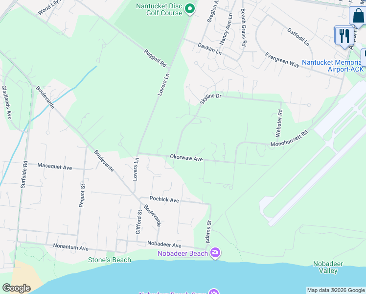 map of restaurants, bars, coffee shops, grocery stores, and more near 22 Okorwaw Avenue in Nantucket