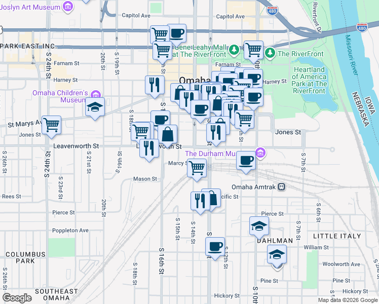 map of restaurants, bars, coffee shops, grocery stores, and more near 1414 Marcy Street in Omaha