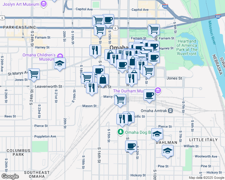 map of restaurants, bars, coffee shops, grocery stores, and more near 801 South 15th Street in Omaha
