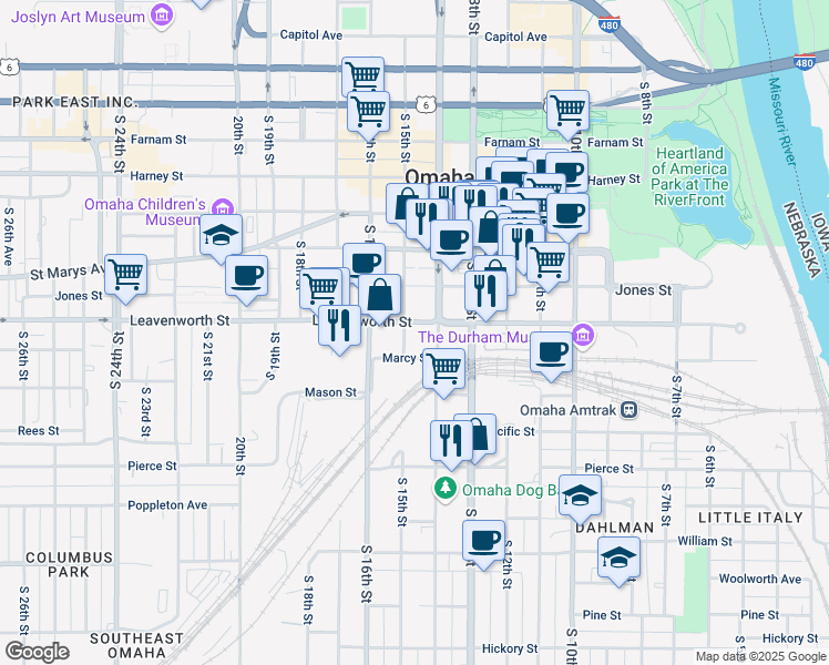 map of restaurants, bars, coffee shops, grocery stores, and more near 1414 Marcy Street in Omaha