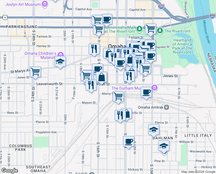 map of restaurants, bars, coffee shops, grocery stores, and more near 1414 Marcy Street in Omaha