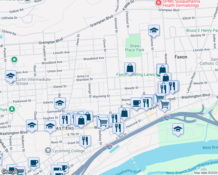 map of restaurants, bars, coffee shops, grocery stores, and more near 808 Meade Street in Williamsport