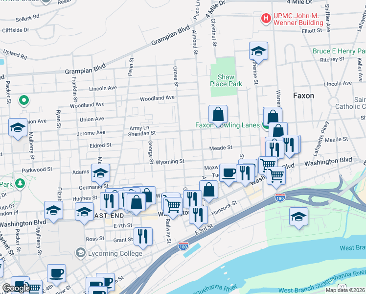 map of restaurants, bars, coffee shops, grocery stores, and more near 808 Meade Street in Williamsport