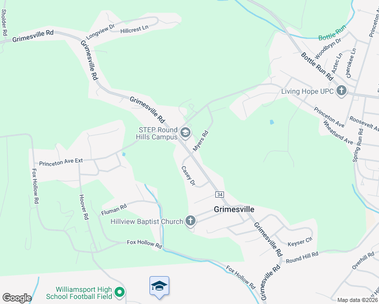 map of restaurants, bars, coffee shops, grocery stores, and more near 136 Grimesville Road in Williamsport