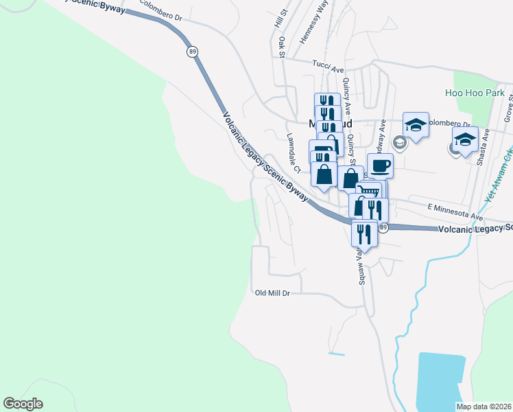 map of restaurants, bars, coffee shops, grocery stores, and more near 301-323 Cadorna Ave in McCloud
