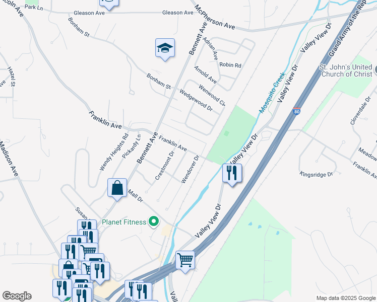 map of restaurants, bars, coffee shops, grocery stores, and more near 164 Wendover Drive in Council Bluffs