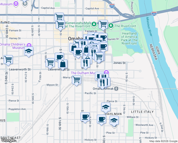 map of restaurants, bars, coffee shops, grocery stores, and more near 1229 Marcy Plaza in Omaha
