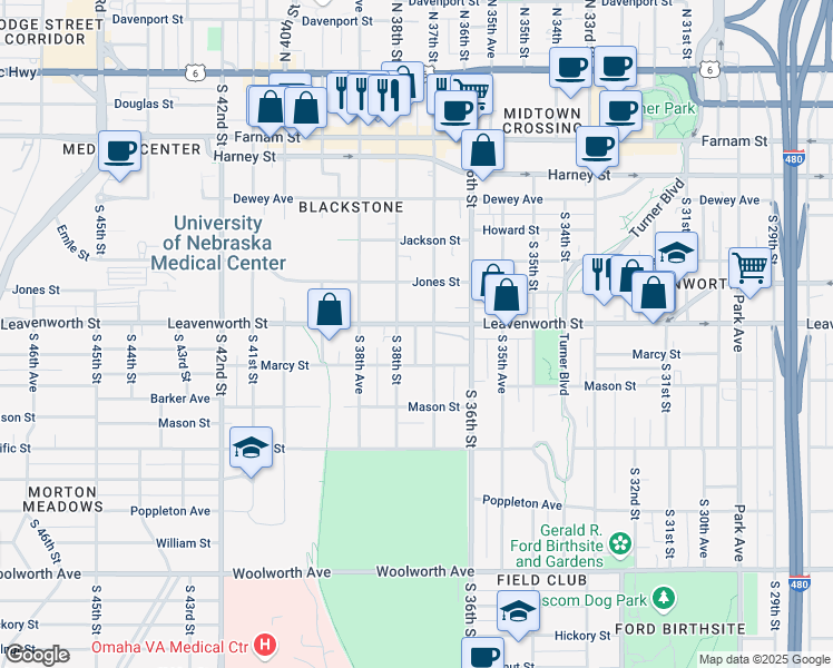 map of restaurants, bars, coffee shops, grocery stores, and more near 825 South 37th Avenue in Omaha