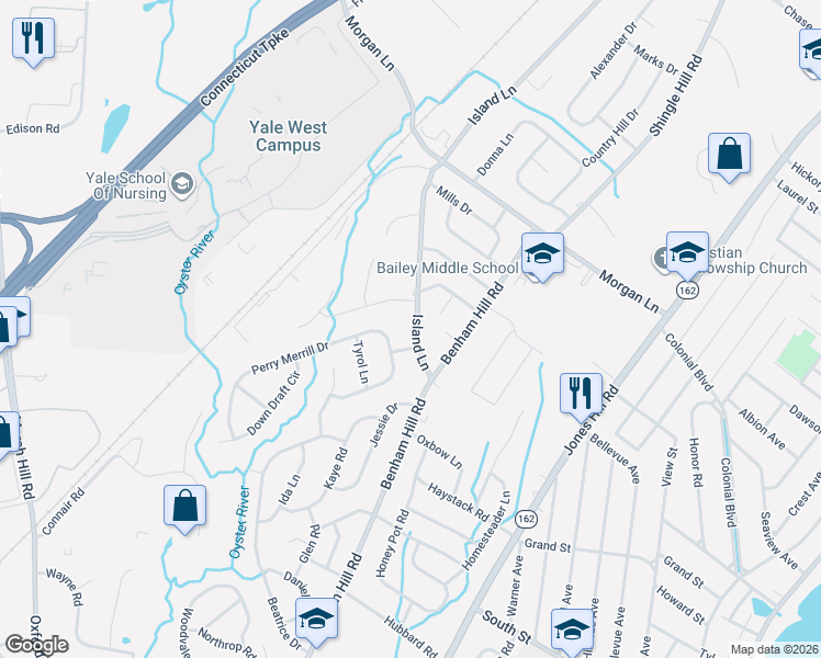 map of restaurants, bars, coffee shops, grocery stores, and more near 56 Island Lane in West Haven