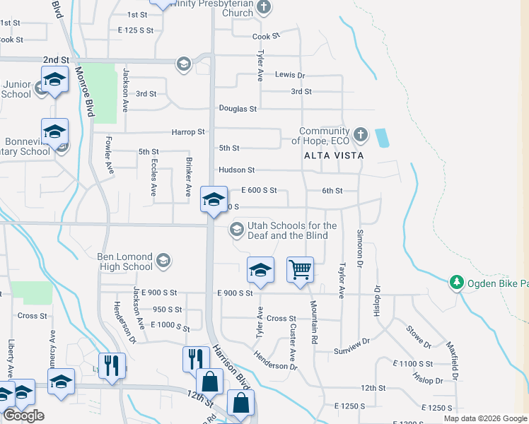 map of restaurants, bars, coffee shops, grocery stores, and more near 742 South Harrison Boulevard in Ogden