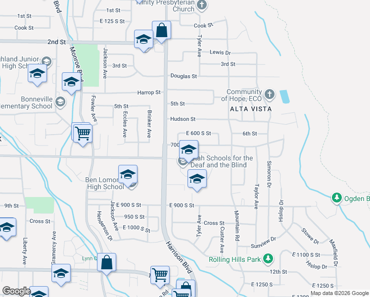 map of restaurants, bars, coffee shops, grocery stores, and more near 1249 East 700 South in Ogden