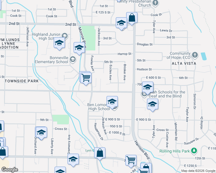 map of restaurants, bars, coffee shops, grocery stores, and more near 977-999 East 700 South in Ogden